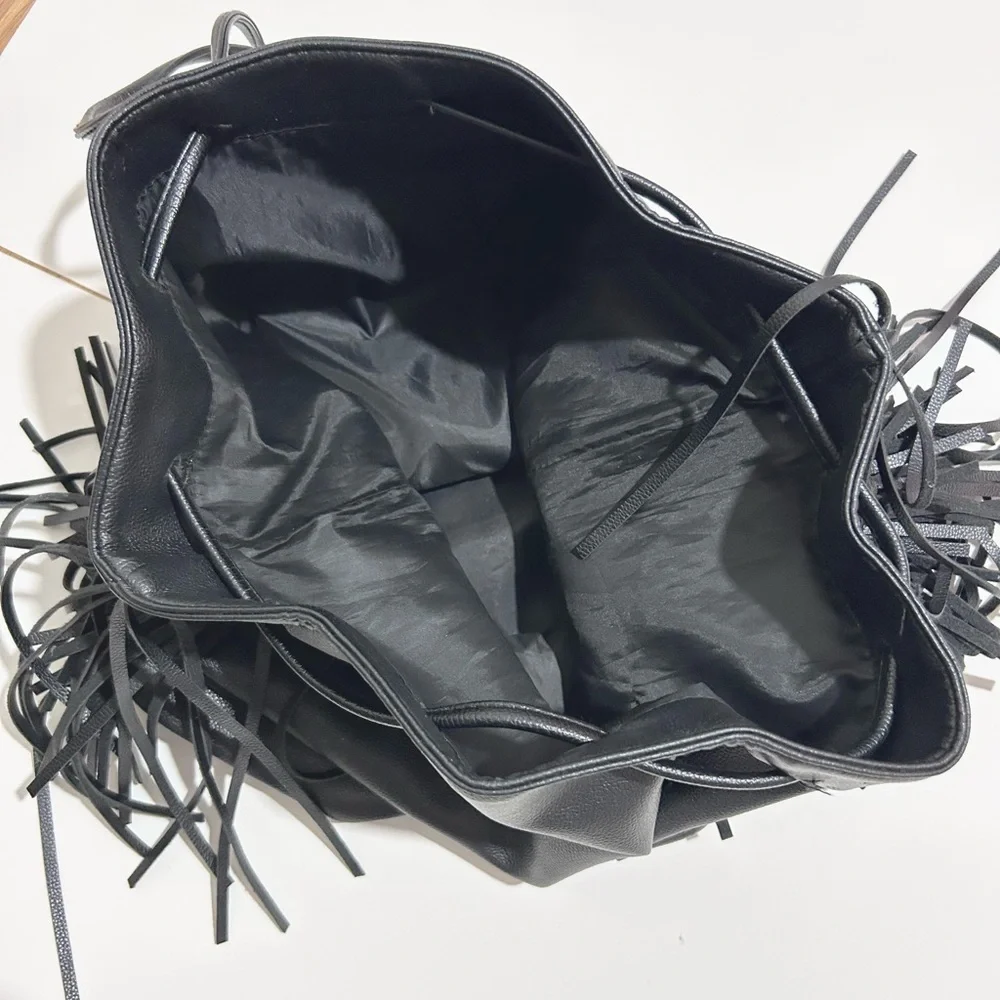 Victoria's Secret black faux leather tassel fringe drawstring purse backpack - Picture 7 of 7